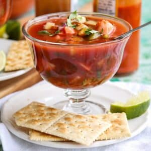 sqaure image of Mexican shrimp cocktail close up