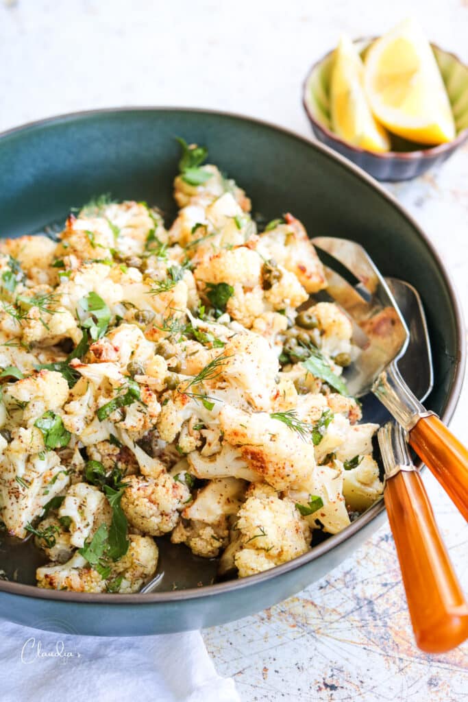 close up roasted cauliflower salad recipe